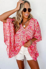 Load image into Gallery viewer, Pink Boho Floral V Neck Kimono Style Blouse - Fashion Queen -  3
