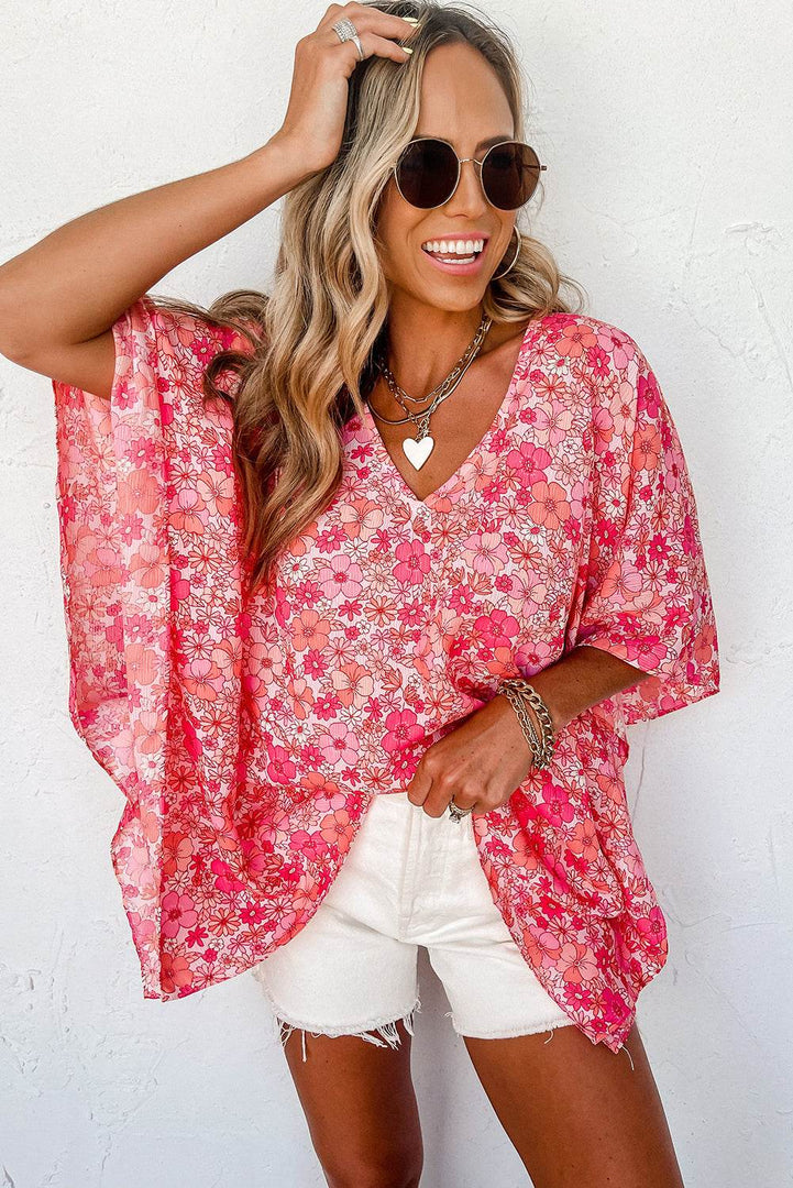 Pink Boho Floral V Neck Kimono Style Blouse - Fashion Queen -  3