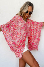 Load image into Gallery viewer, Pink Boho Floral V Neck Kimono Style Blouse - Fashion Queen -  4
