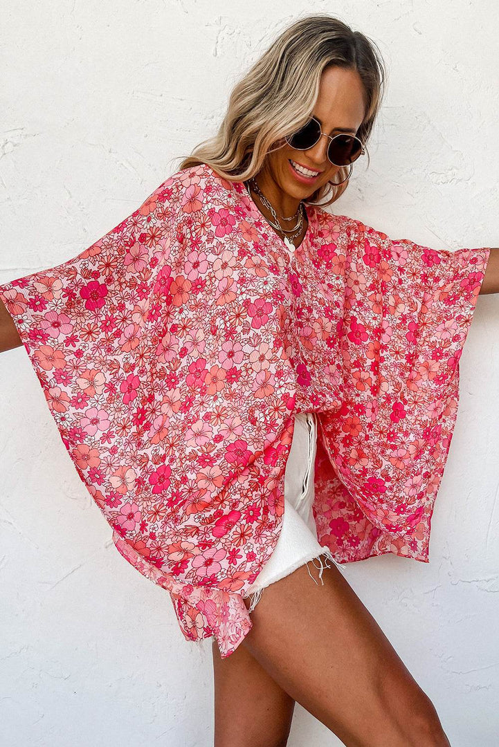Pink Boho Floral V Neck Kimono Style Blouse - Fashion Queen -  4
