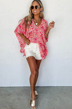 Load image into Gallery viewer, Pink Boho Floral V Neck Kimono Style Blouse - Fashion Queen -  5
