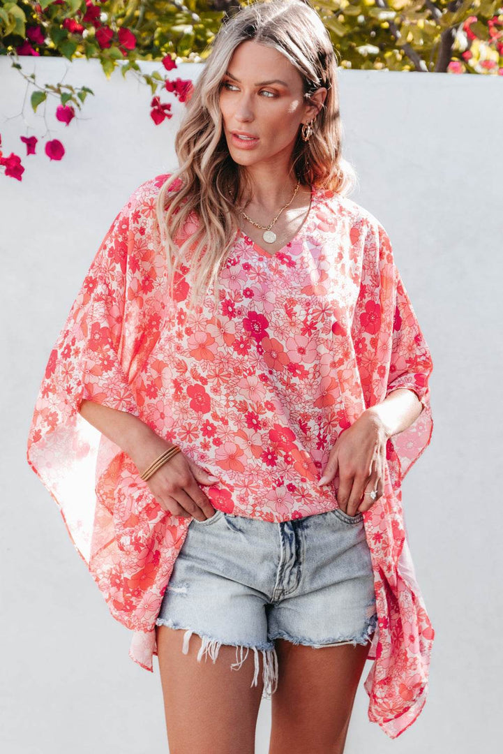 Pink Boho Floral V Neck Kimono Style Blouse - Fashion Queen -  6