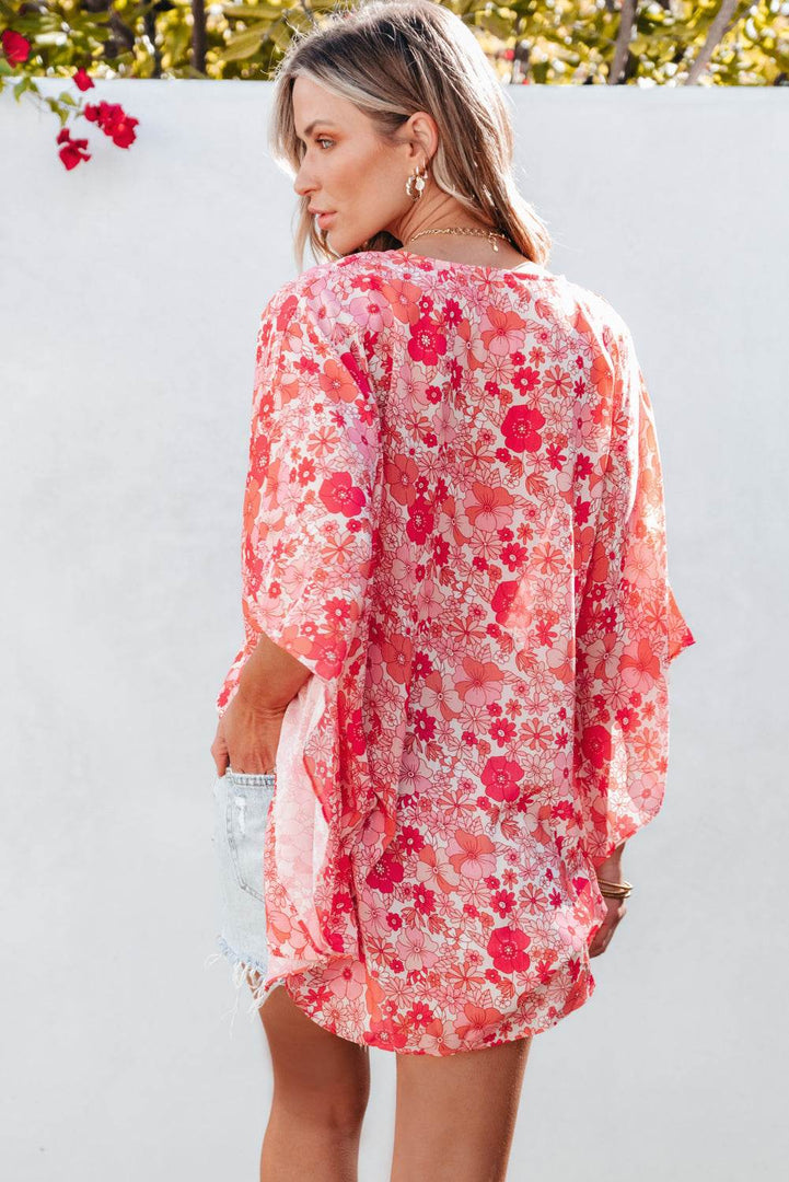 Pink Boho Floral V Neck Kimono Style Blouse - Fashion Queen -  7