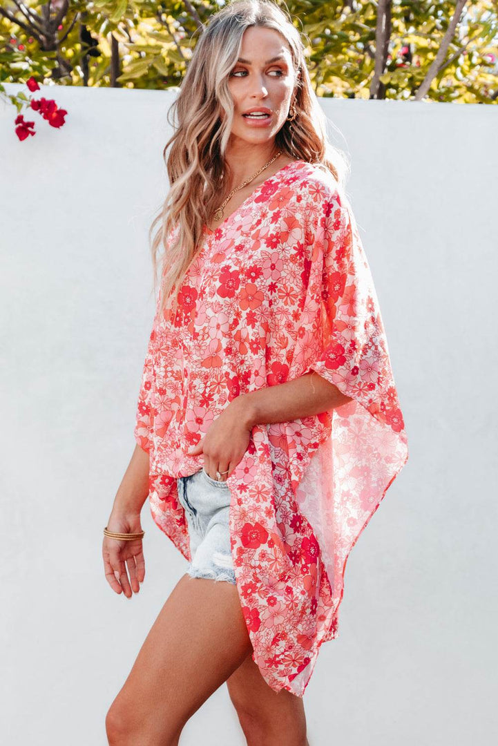 Pink Boho Floral V Neck Kimono Style Blouse - Fashion Queen -  8