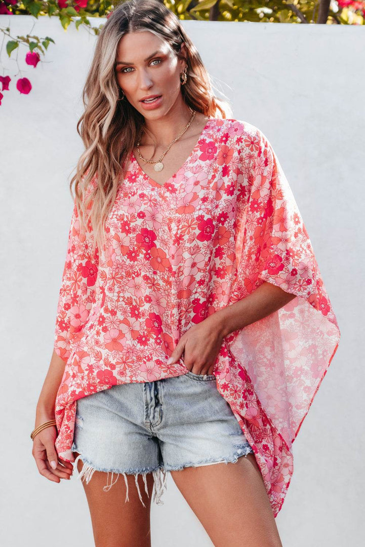 Pink Boho Floral V Neck Kimono Style Blouse - Fashion Queen -  9