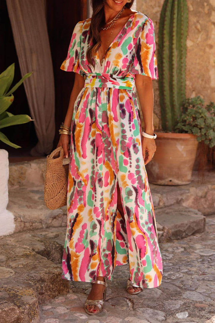 Pink Boho Tie-dye Print V Neck Maxi Dress - Fashion Queen -  1