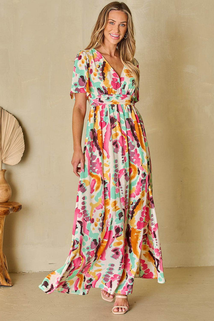 Pink Boho Tie-dye Print V Neck Maxi Dress - Fashion Queen -  10