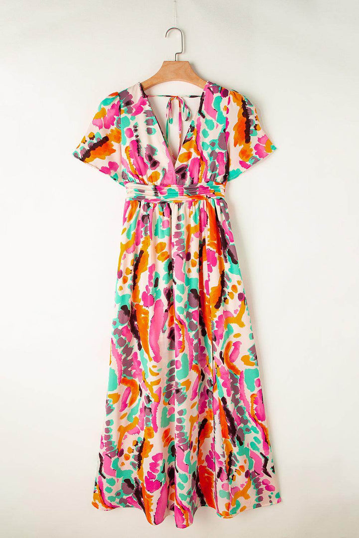 Pink Boho Tie-dye Print V Neck Maxi Dress - Fashion Queen -  14
