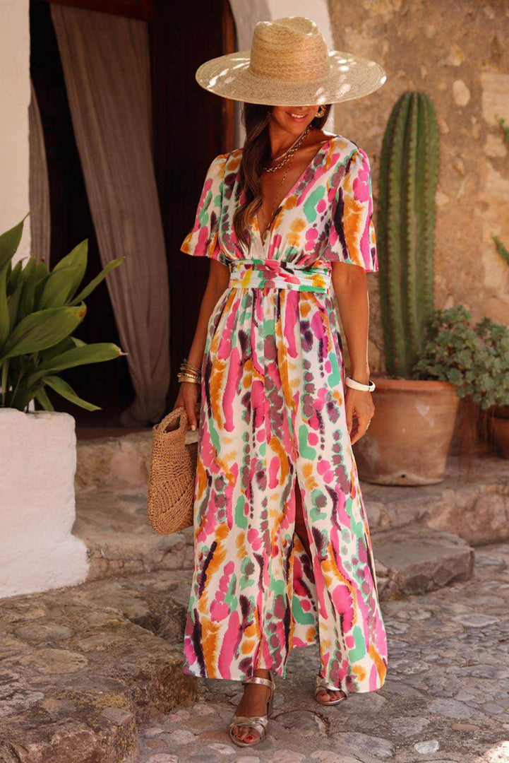 Pink Boho Tie-dye Print V Neck Maxi Dress - Fashion Queen -  5