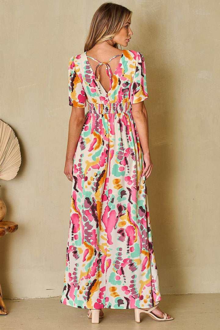 Pink Boho Tie-dye Print V Neck Maxi Dress - Fashion Queen -  8