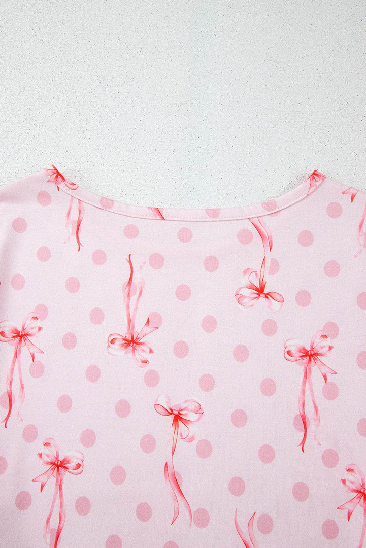 Pink Bow Knot Polka Dot Print Short Sleeve Top Lounge Set - Fashion Queen -  11