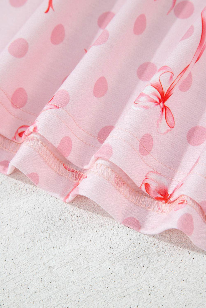 Pink Bow Knot Polka Dot Print Short Sleeve Top Lounge Set - Fashion Queen -  12