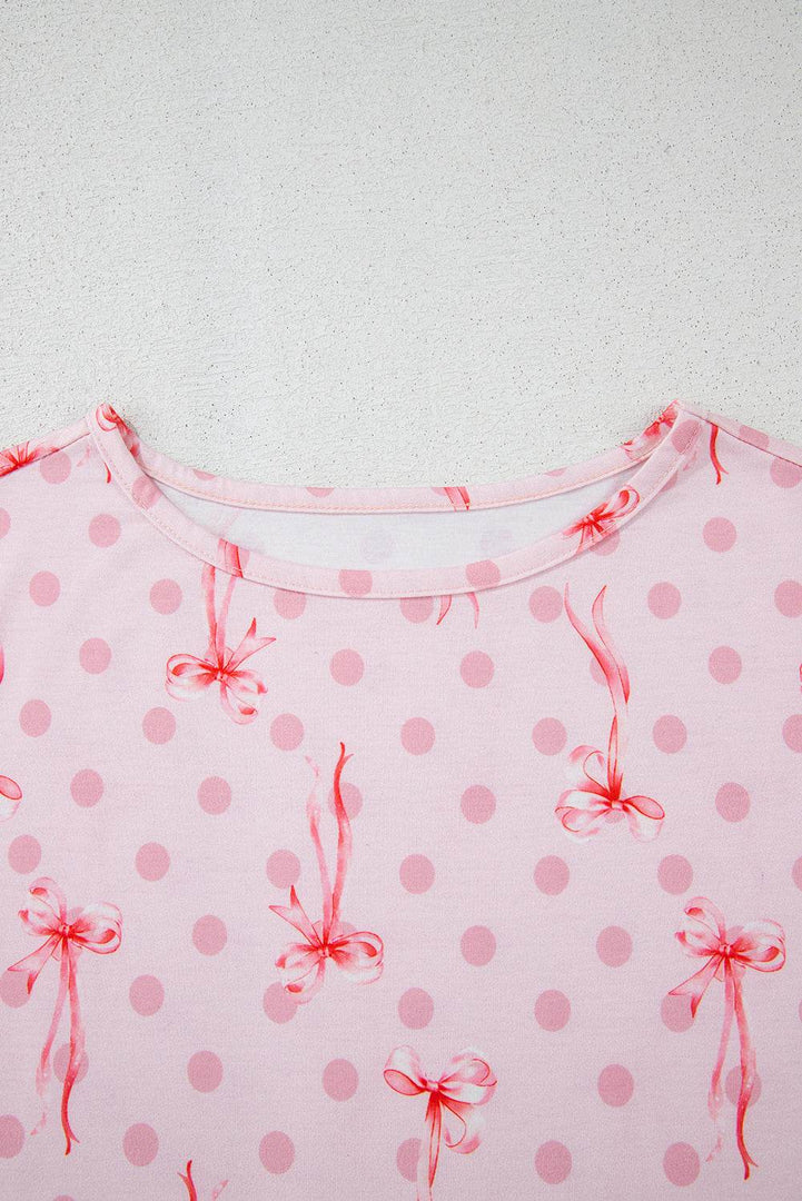 Pink Bow Knot Polka Dot Print Short Sleeve Top Lounge Set - Fashion Queen -  13