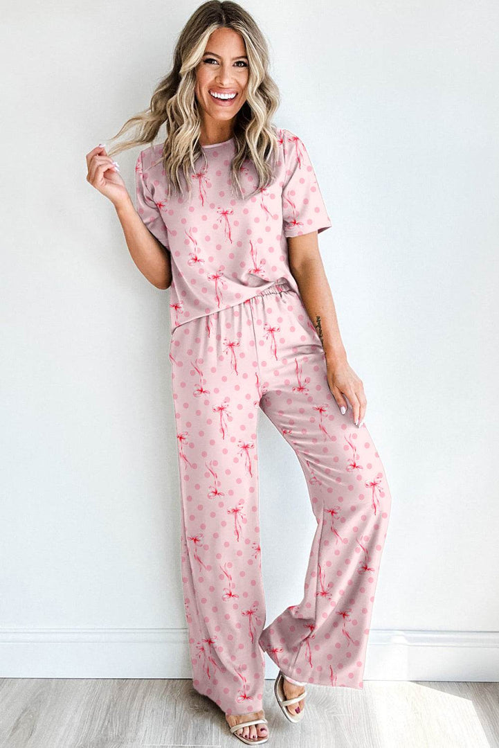 Pink Bow Knot Polka Dot Print Short Sleeve Top Lounge Set - Fashion Queen -  3