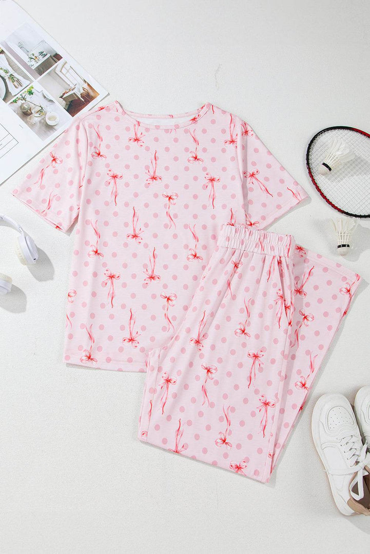 Pink Bow Knot Polka Dot Print Short Sleeve Top Lounge Set - Fashion Queen -  4