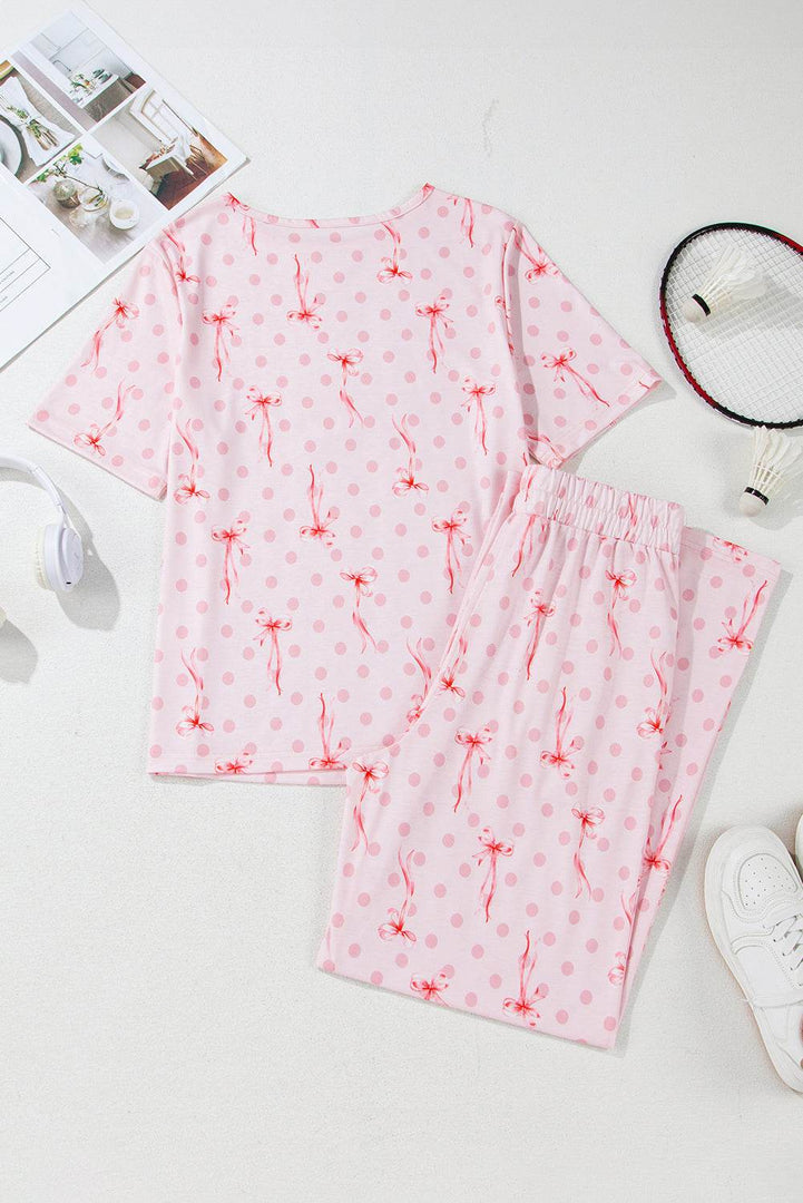 Pink Bow Knot Polka Dot Print Short Sleeve Top Lounge Set - Fashion Queen -  5