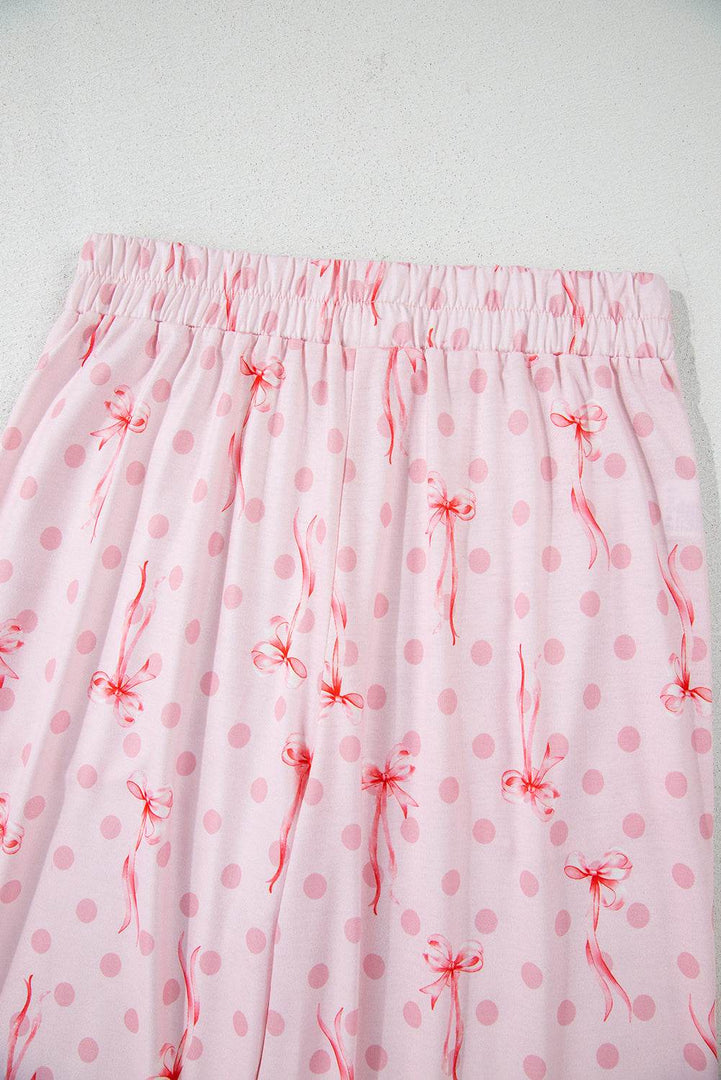 Pink Bow Knot Polka Dot Print Short Sleeve Top Lounge Set - Fashion Queen -  6