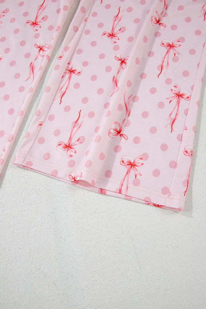 Pink Bow Knot Polka Dot Print Short Sleeve Top Lounge Set - Fashion Queen -  7
