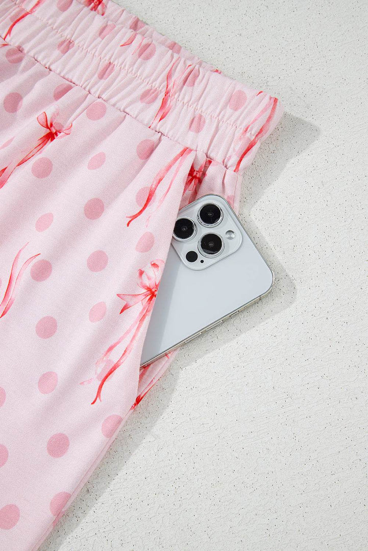 Pink Bow Knot Polka Dot Print Short Sleeve Top Lounge Set - Fashion Queen -  8