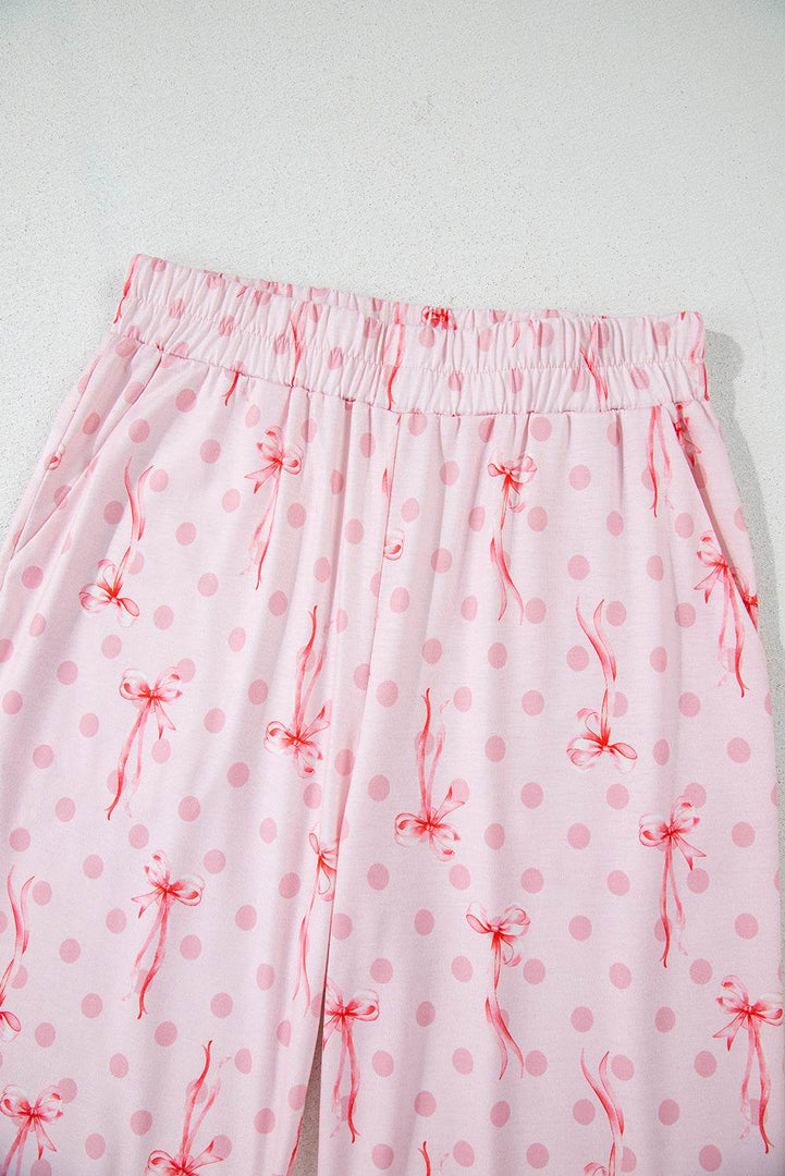 Pink Bow Knot Polka Dot Print Short Sleeve Top Lounge Set - Fashion Queen -  9