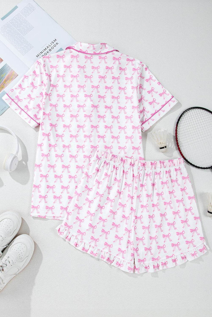 Pink Bowknot Printed Short Sleeve and Ruffled Shorts Pajama Set - Fashion Queen -  13