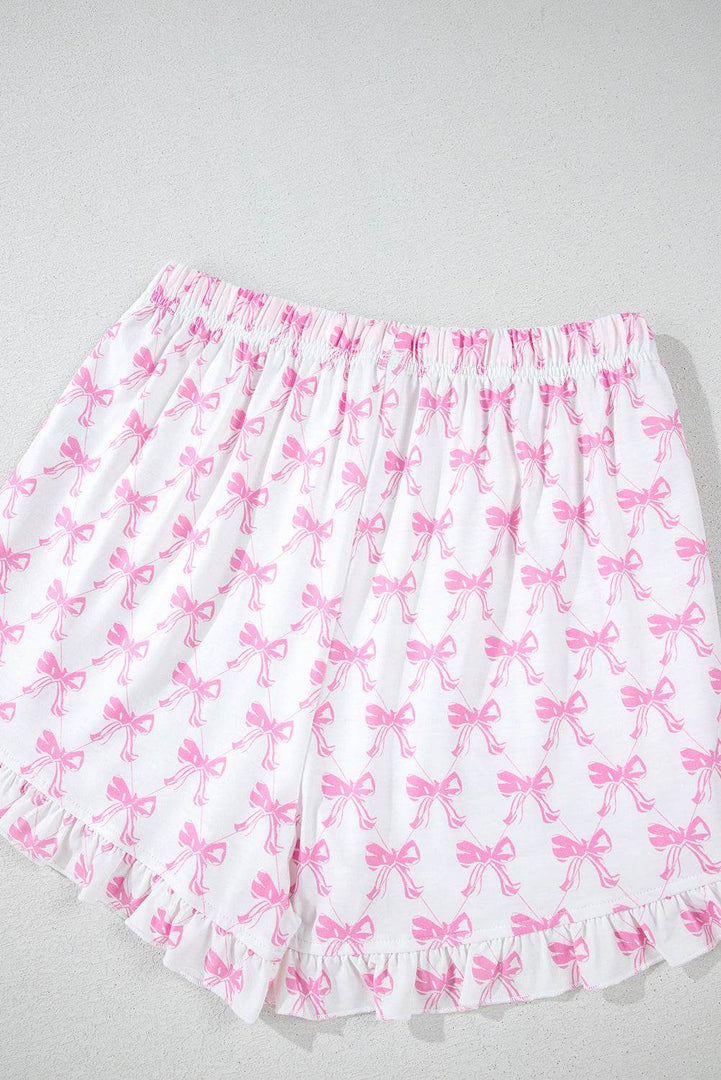 Pink Bowknot Printed Short Sleeve and Ruffled Shorts Pajama Set - Fashion Queen -  14
