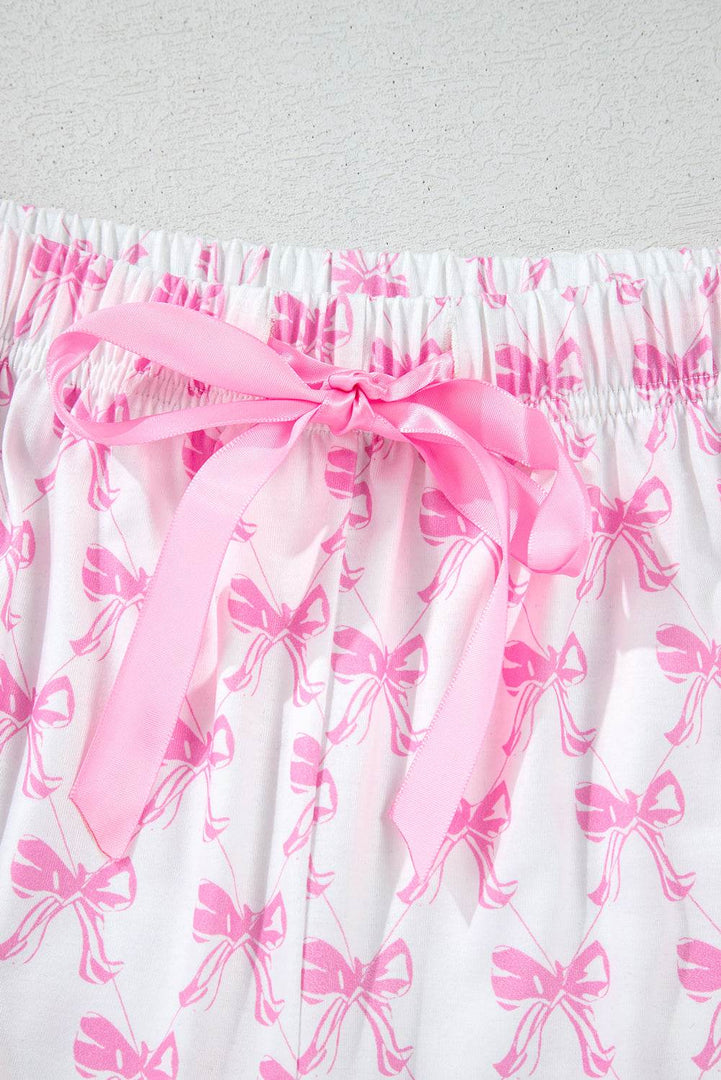 Pink Bowknot Printed Short Sleeve and Ruffled Shorts Pajama Set - Fashion Queen -  16