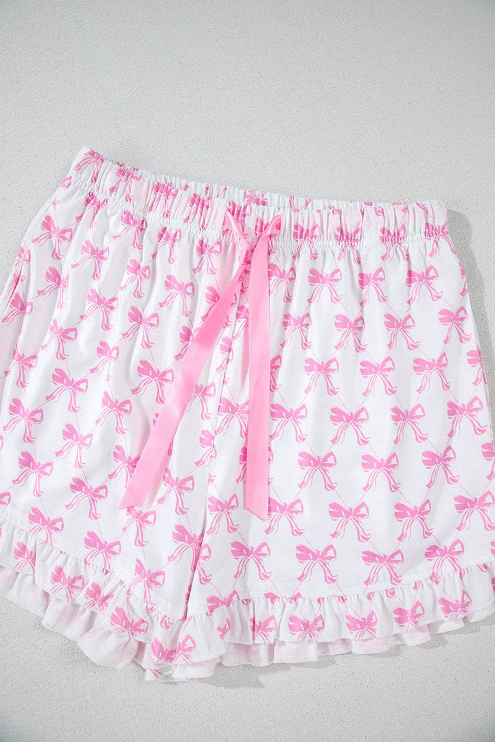 Pink Bowknot Printed Short Sleeve and Ruffled Shorts Pajama Set - Fashion Queen -  17