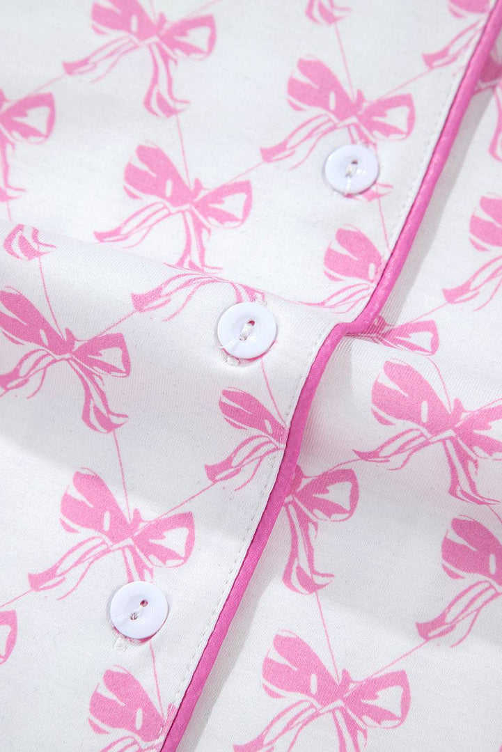 Pink Bowknot Printed Short Sleeve and Ruffled Shorts Pajama Set - Fashion Queen -  19