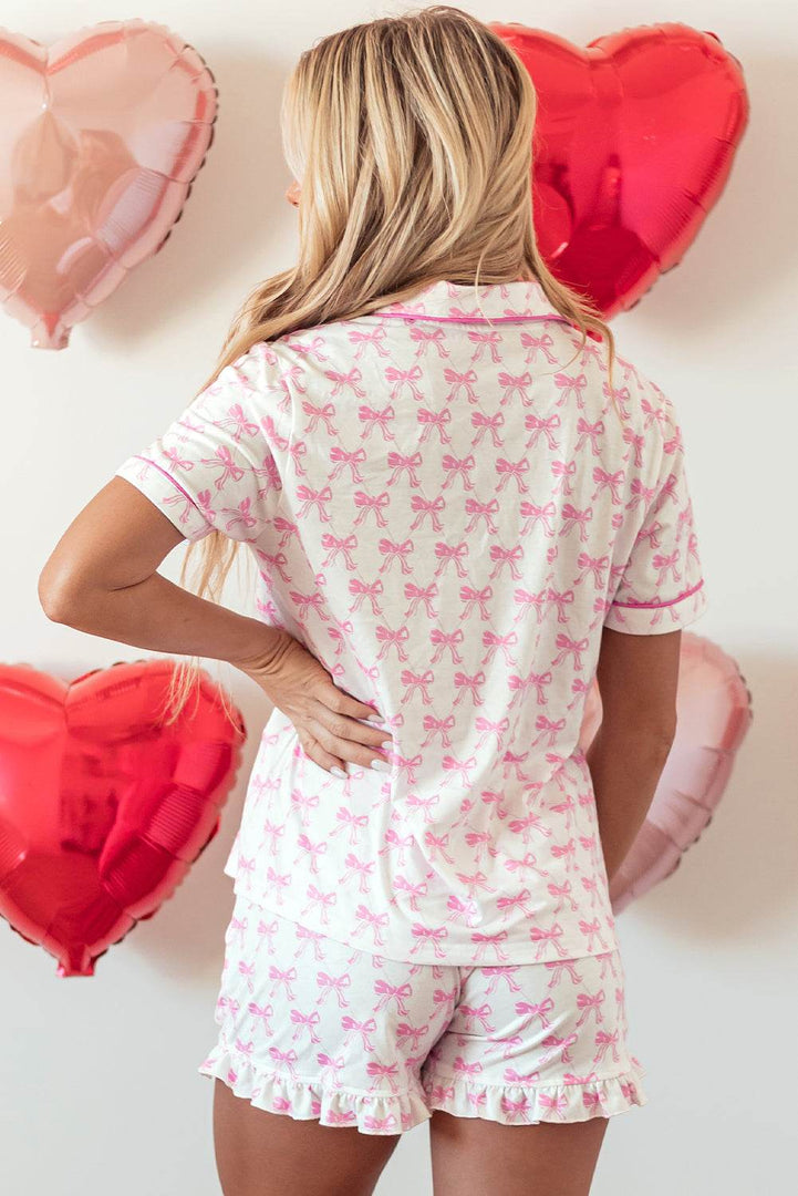 Pink Bowknot Printed Short Sleeve and Ruffled Shorts Pajama Set - Fashion Queen -  2