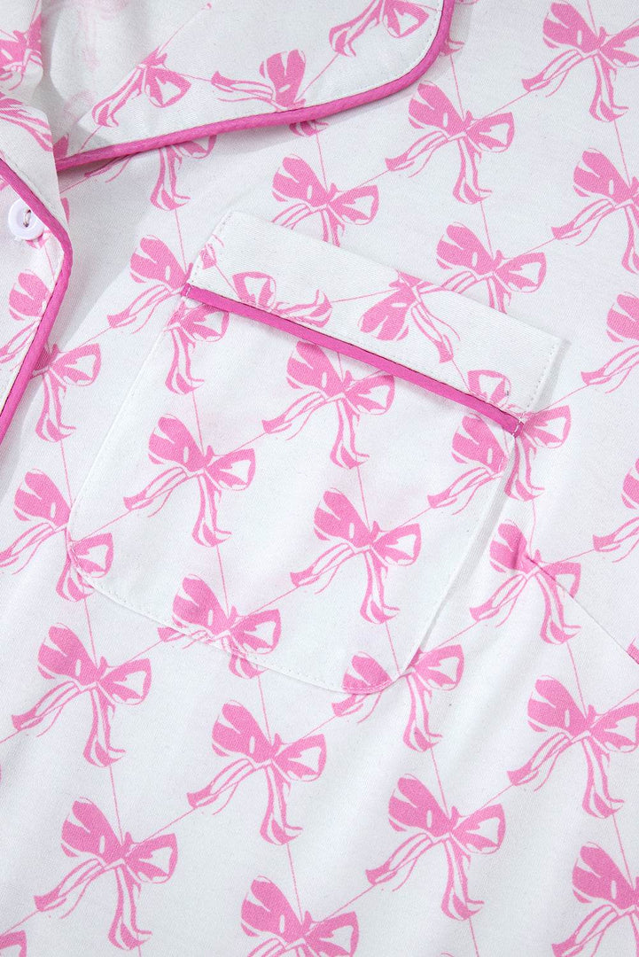 Pink Bowknot Printed Short Sleeve and Ruffled Shorts Pajama Set - Fashion Queen -  21