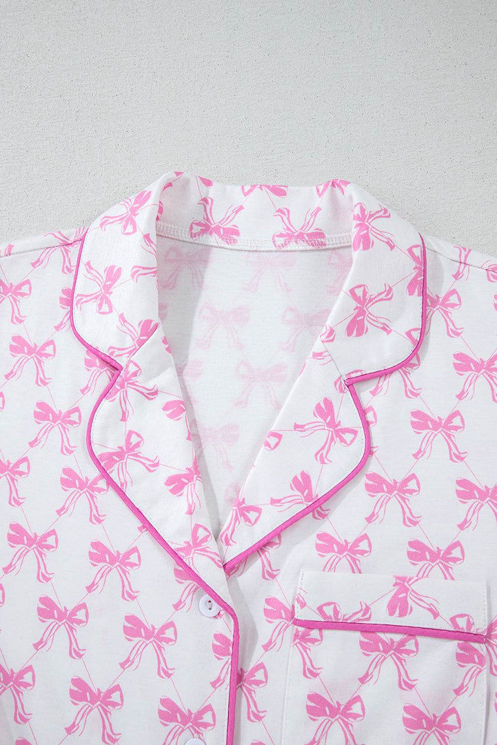 Pink Bowknot Printed Short Sleeve and Ruffled Shorts Pajama Set - Fashion Queen -  22