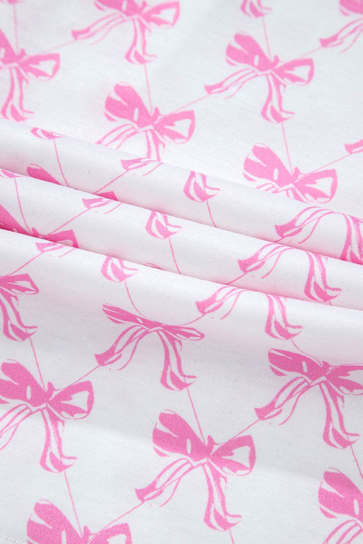 Pink Bowknot Printed Short Sleeve and Ruffled Shorts Pajama Set - Fashion Queen -  23