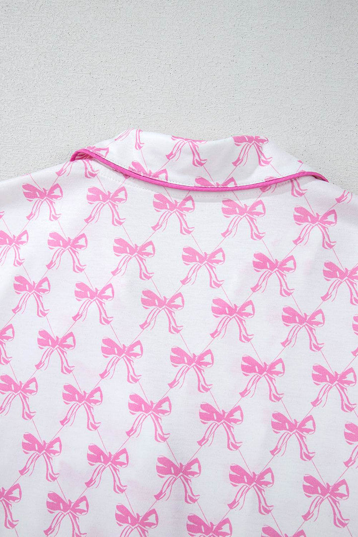 Pink Bowknot Printed Short Sleeve and Ruffled Shorts Pajama Set - Fashion Queen -  24