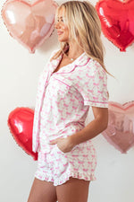 Load image into Gallery viewer, Pink Bowknot Printed Short Sleeve and Ruffled Shorts Pajama Set - Fashion Queen -  3
