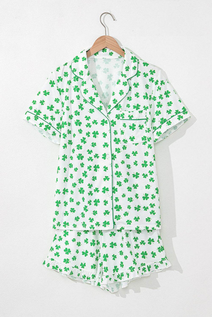 Pink Bowknot Printed Short Sleeve and Ruffled Shorts Pajama Set - Fashion Queen -  6