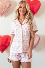 Load image into Gallery viewer, Pink Bowknot Printed Short Sleeve and Ruffled Shorts Pajama Set - Fashion Queen -  7
