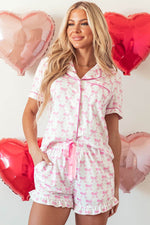Load image into Gallery viewer, Pink Bowknot Printed Short Sleeve and Ruffled Shorts Pajama Set - Fashion Queen -  8
