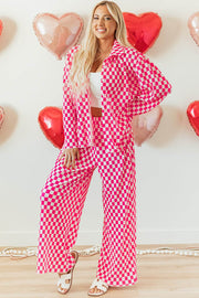Pink Checkered Buttoned Shirt and High Waist Pants Pajama Set - Fashion Queen -  1