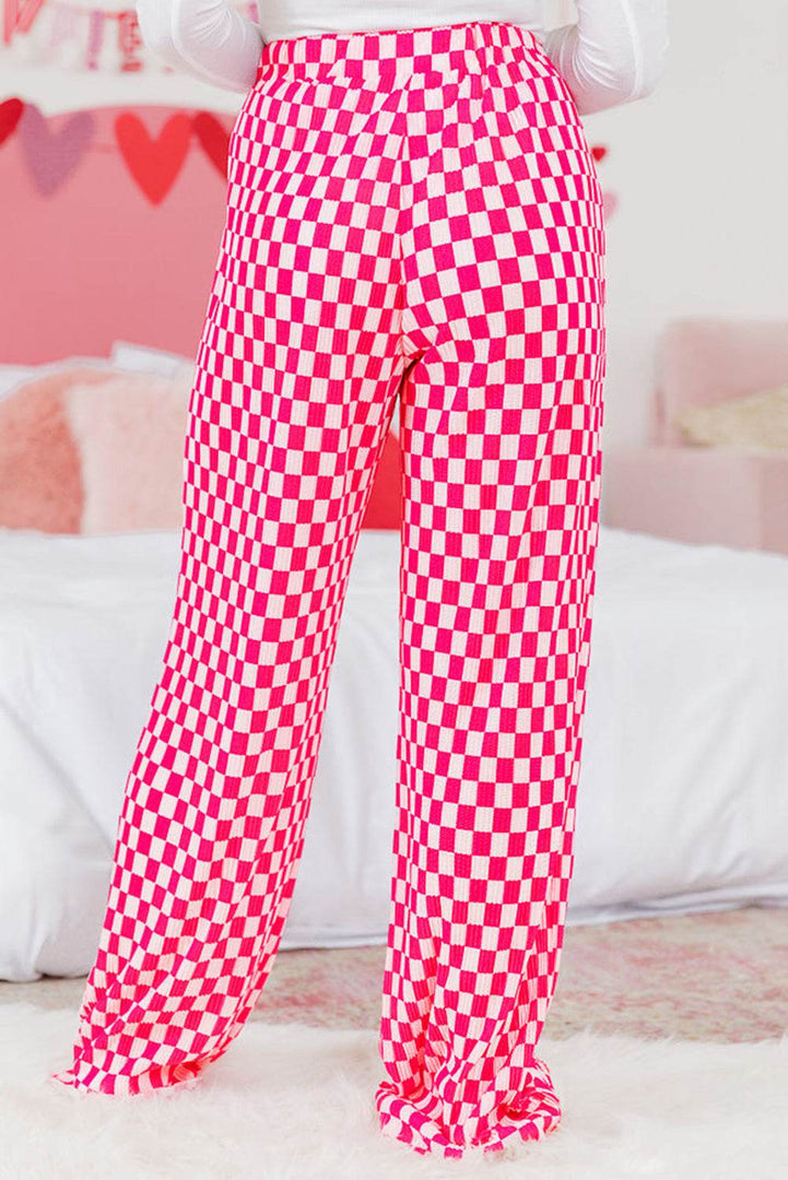Pink Checkered Buttoned Shirt and High Waist Pants Pajama Set - Fashion Queen -  11