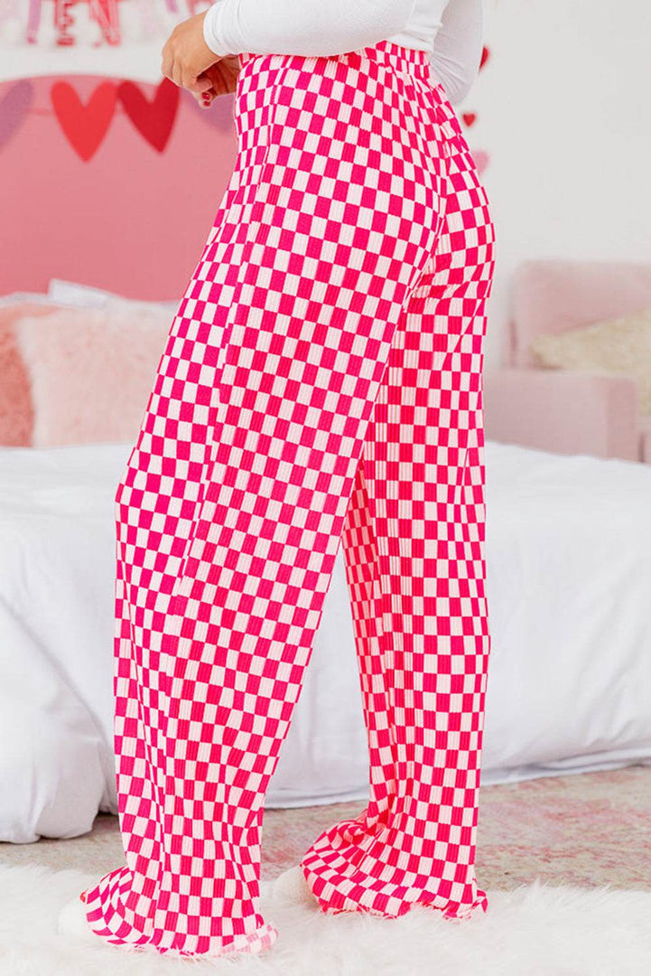 Pink Checkered Buttoned Shirt and High Waist Pants Pajama Set - Fashion Queen -  13