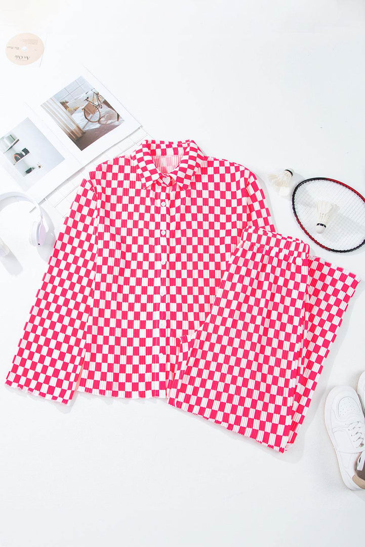 Pink Checkered Buttoned Shirt and High Waist Pants Pajama Set - Fashion Queen -  16