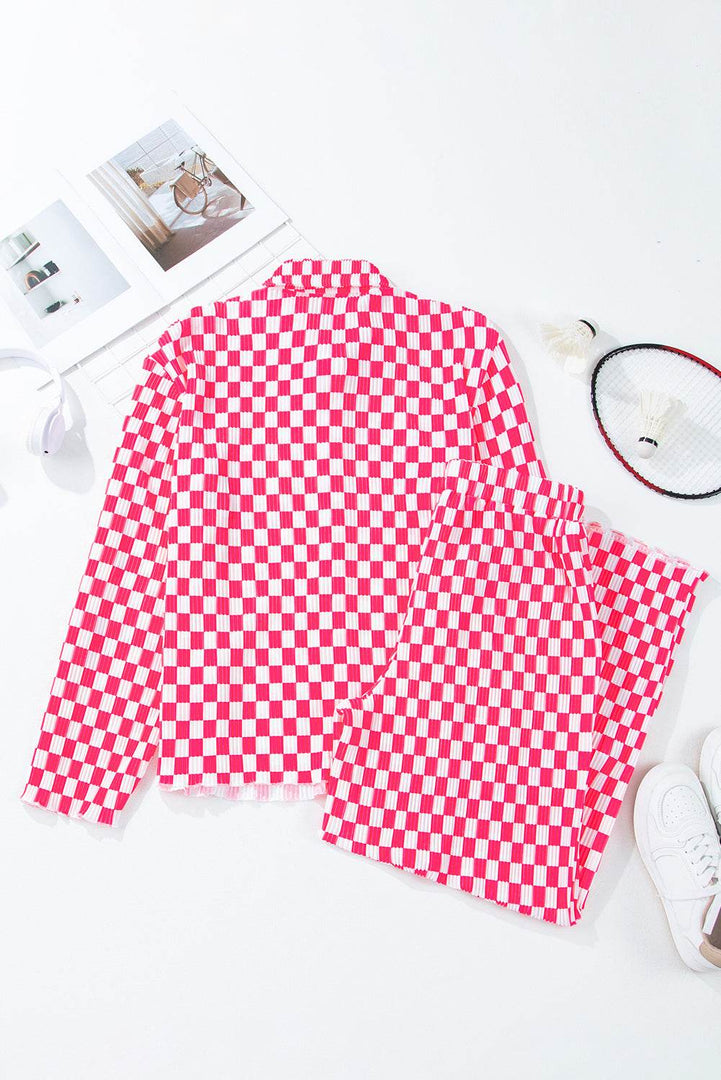 Pink Checkered Buttoned Shirt and High Waist Pants Pajama Set - Fashion Queen -  17