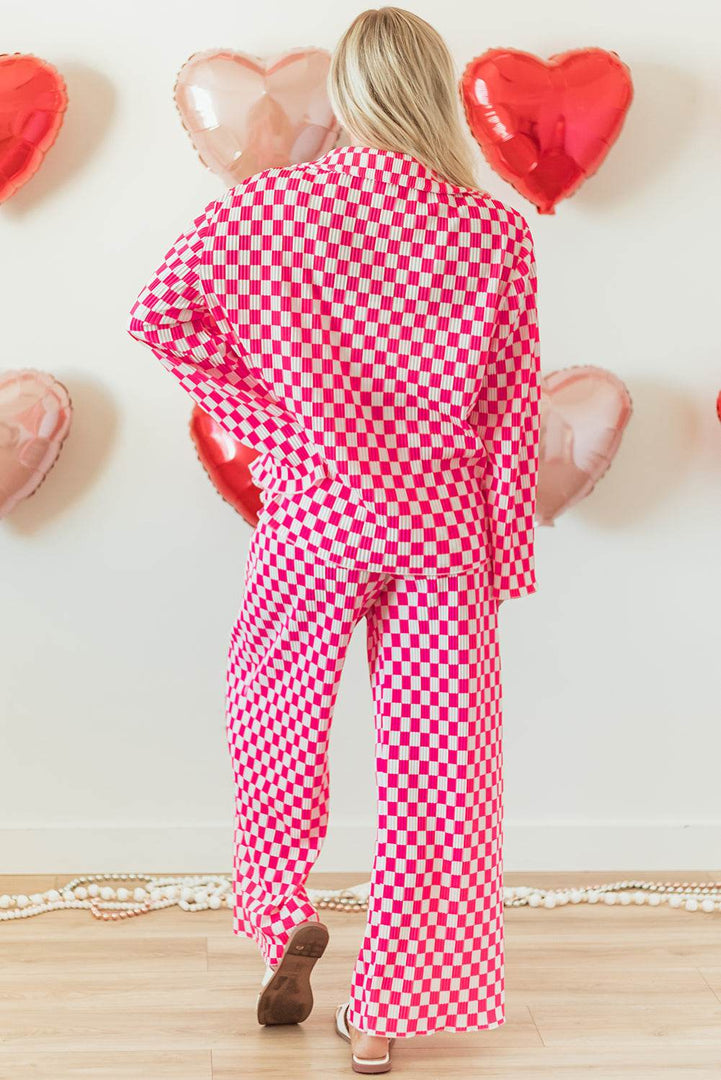Pink Checkered Buttoned Shirt and High Waist Pants Pajama Set - Fashion Queen -  2