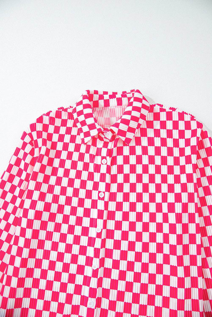 Pink Checkered Buttoned Shirt and High Waist Pants Pajama Set - Fashion Queen -  21