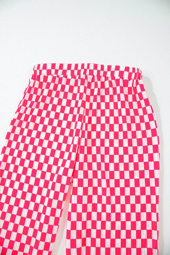 Pink Checkered Buttoned Shirt and High Waist Pants Pajama Set - Fashion Queen -  25
