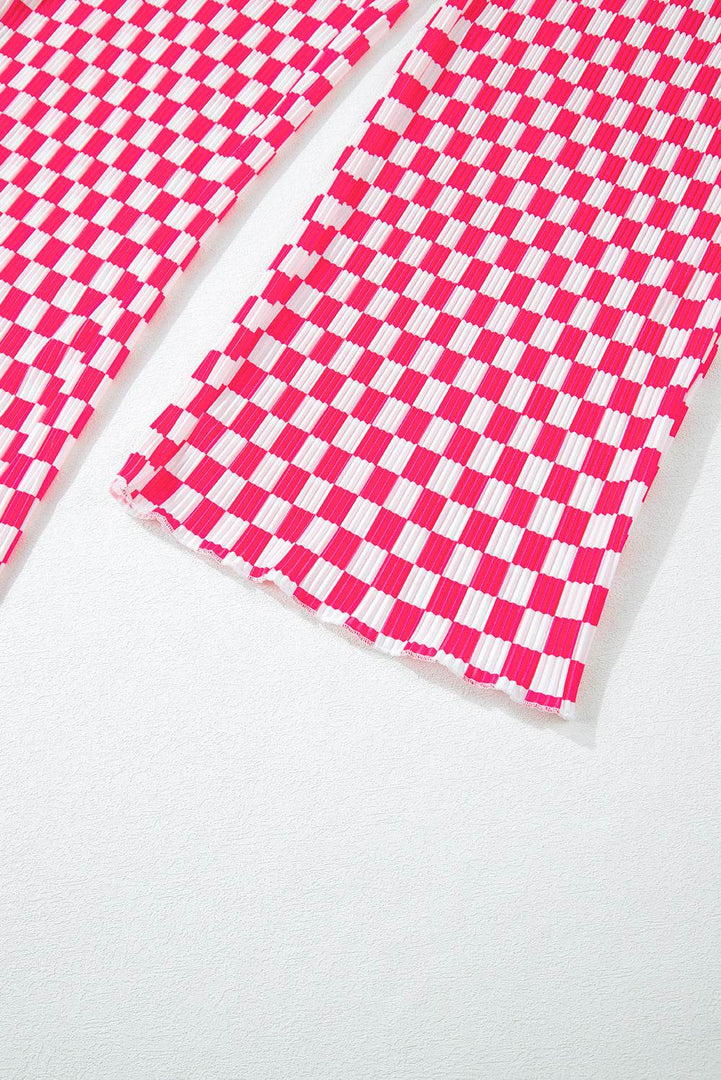 Pink Checkered Buttoned Shirt and High Waist Pants Pajama Set - Fashion Queen -  26
