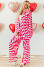 Load image into Gallery viewer, Pink Checkered Buttoned Shirt and High Waist Pants Pajama Set - Fashion Queen -  7
