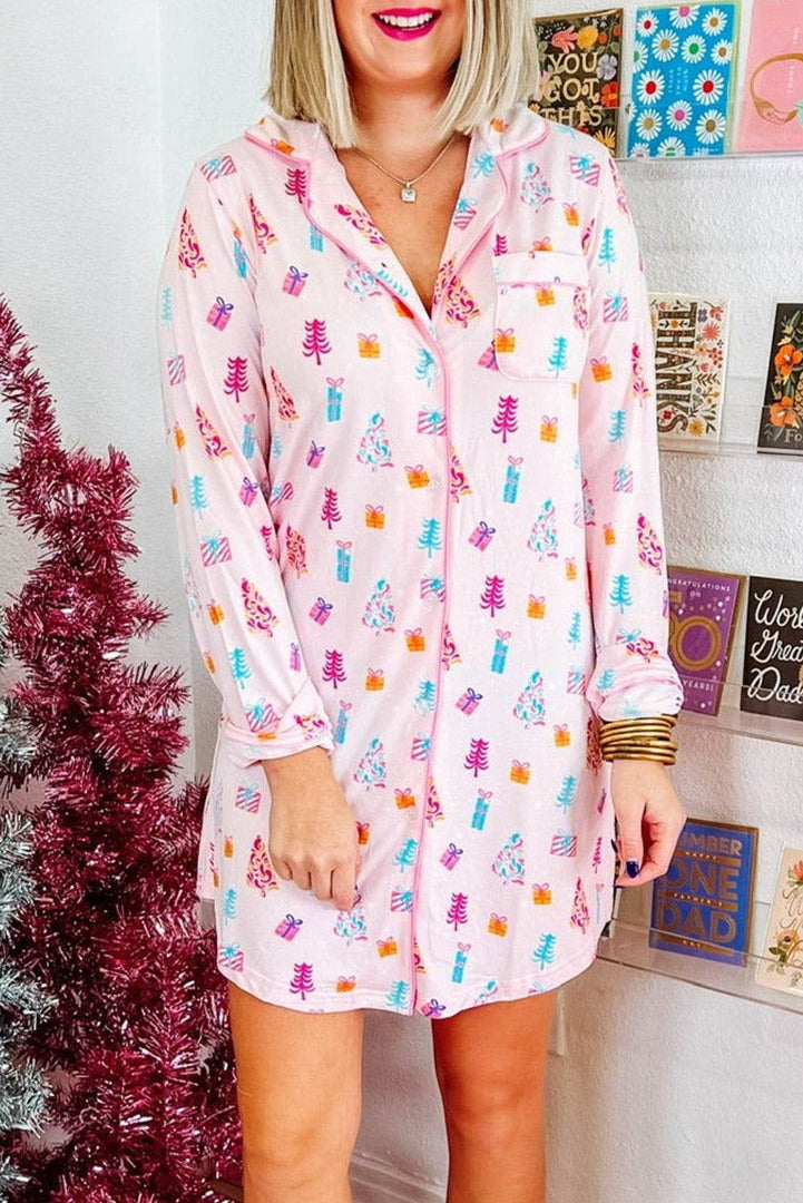 Pink Christmas Twinkle Tree Print Shirt Sleep Dress - Fashion Queen -  1