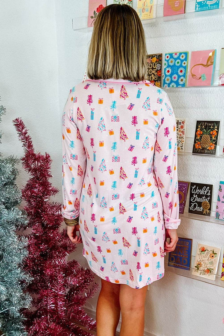 Pink Christmas Twinkle Tree Print Shirt Sleep Dress - Fashion Queen -  2